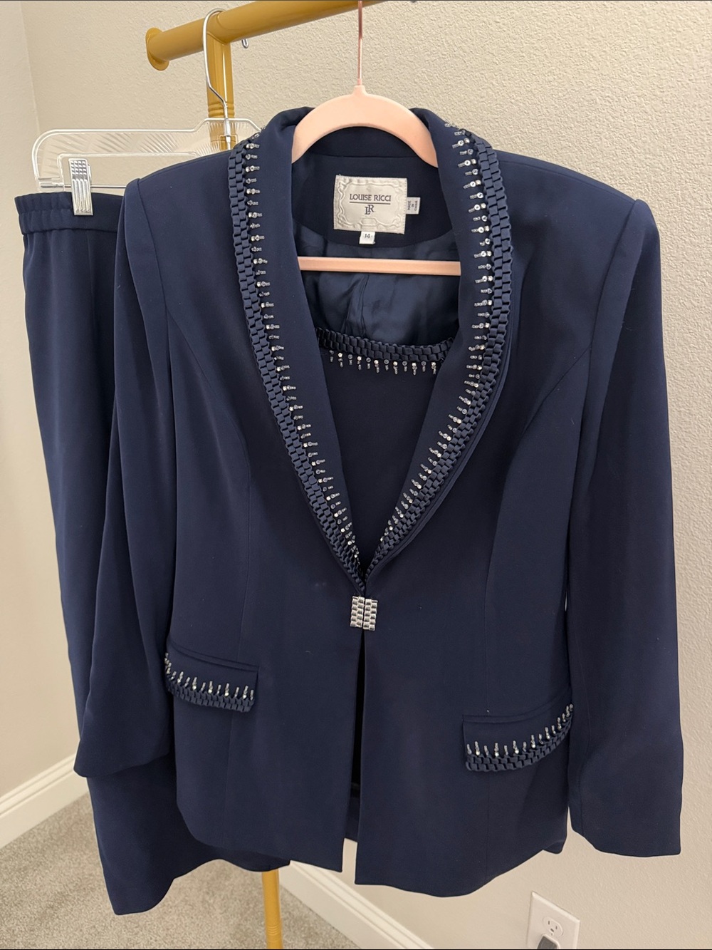 Louise Ricci Women’s Navy Embellished 2-Piece Skirt Suit Size 14
